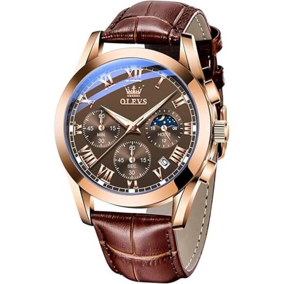 Men's Leather Strap Analog Quartz Watch - Fashion Big Dial Date Waterproof - Picture 2 of 7